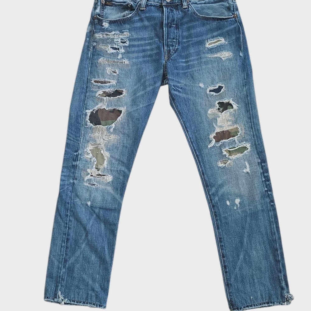 Polo Ralph Lauren Distressed Blue Jeans with Camo patches